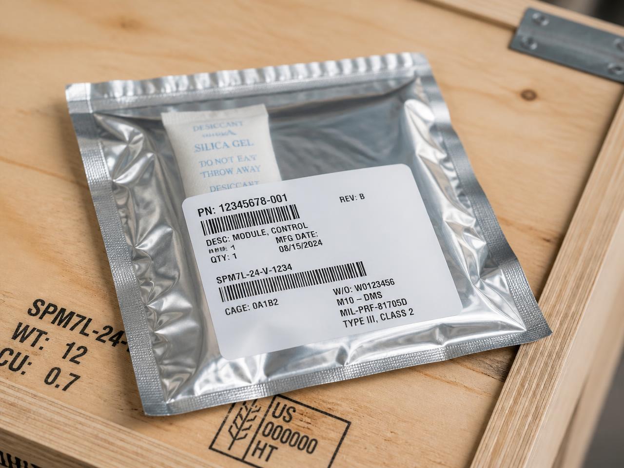 Sealed mil-spec barrier bag with desiccant and bar-coded identification label on a wooden crate