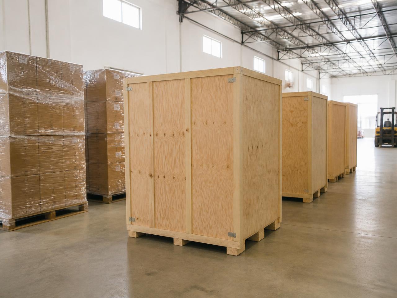 Plywood export crates and stretch-wrapped palletized loads staged in a warehouse