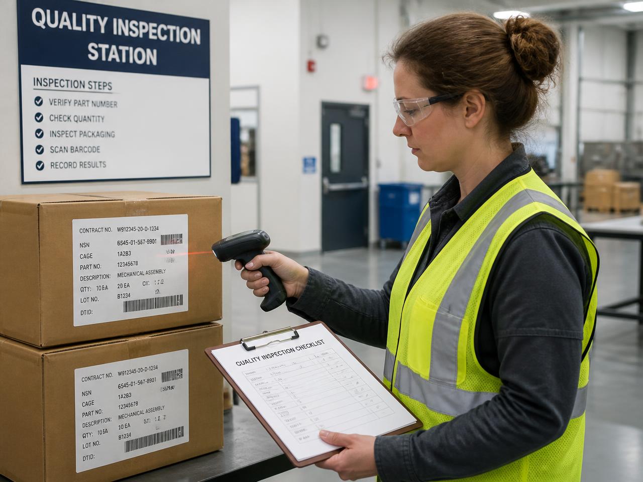 Quality inspector scanning a bar-coded military shipping label against a written inspection checklist