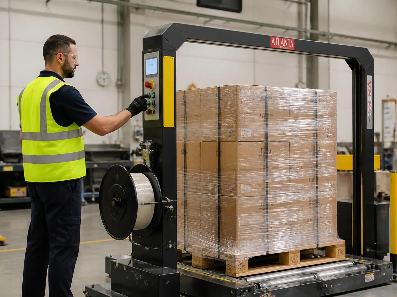 Operator running a strapping machine around a stretch-wrapped palletized load