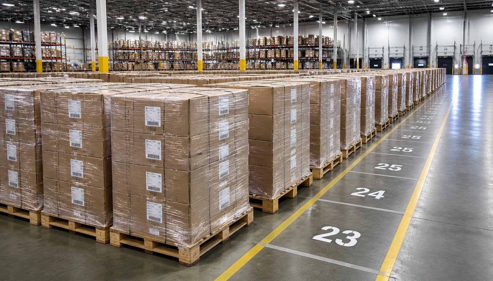 Long rows of labeled, stretch-wrapped pallets staged in numbered outbound lanes